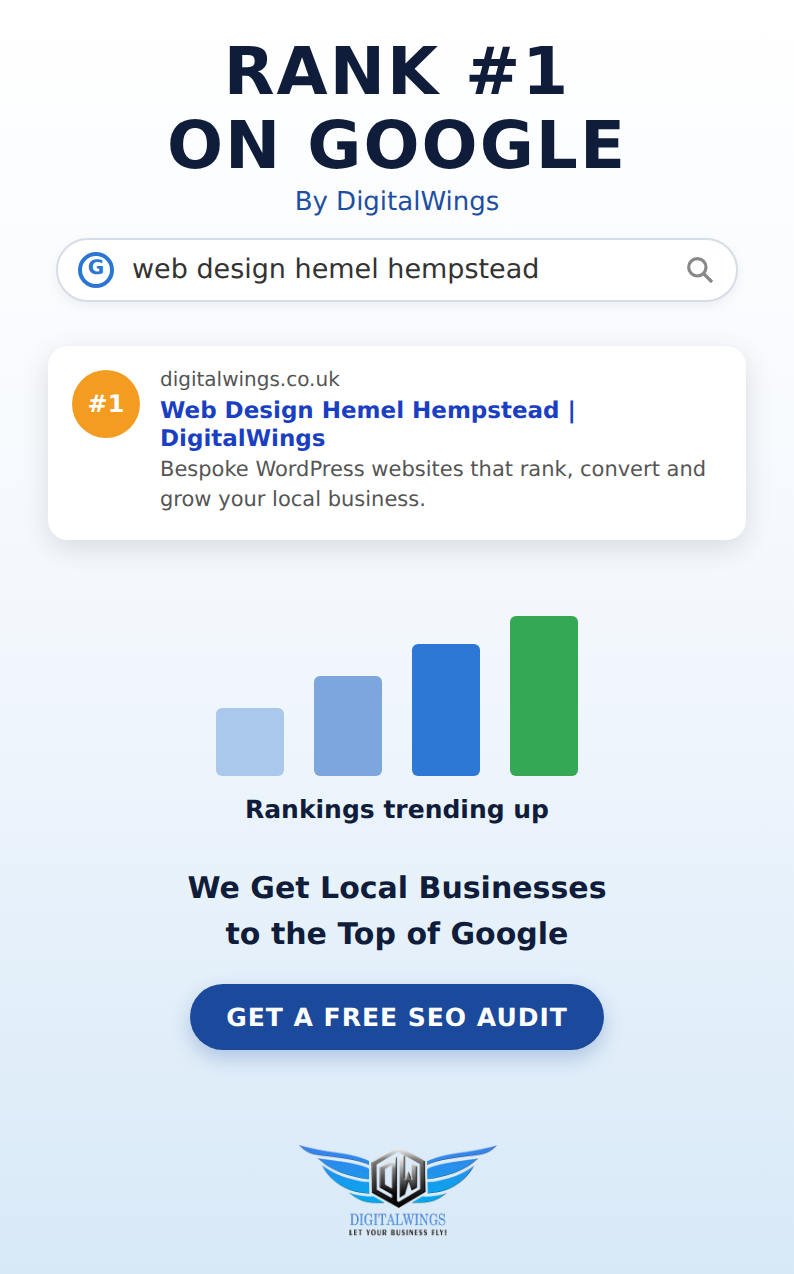 DigitalWings ranking #1 on Google for web design Hemel Hempstead