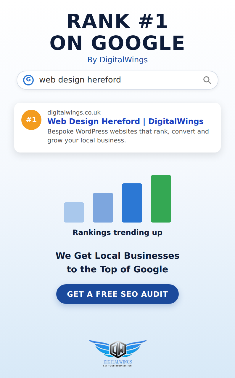 DigitalWings ranking #1 on Google for web design Hereford