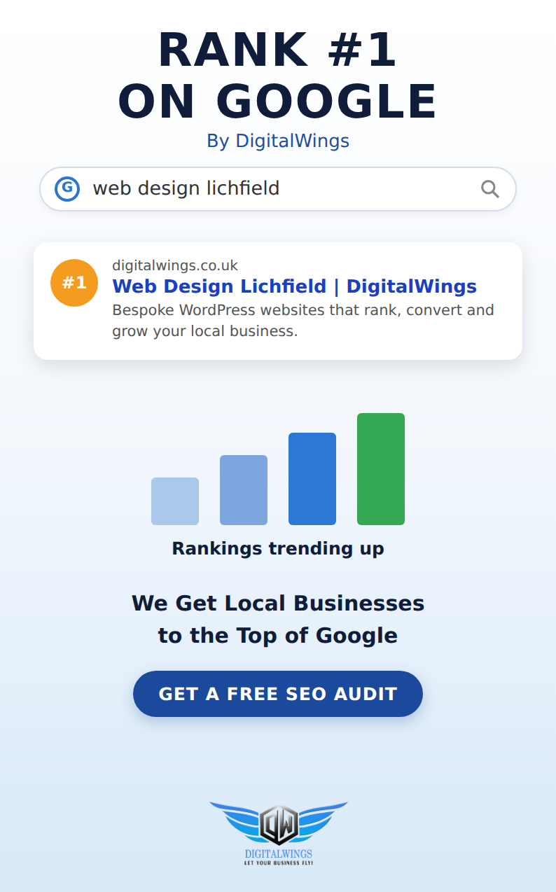 DigitalWings ranking #1 on Google for web design Lichfield