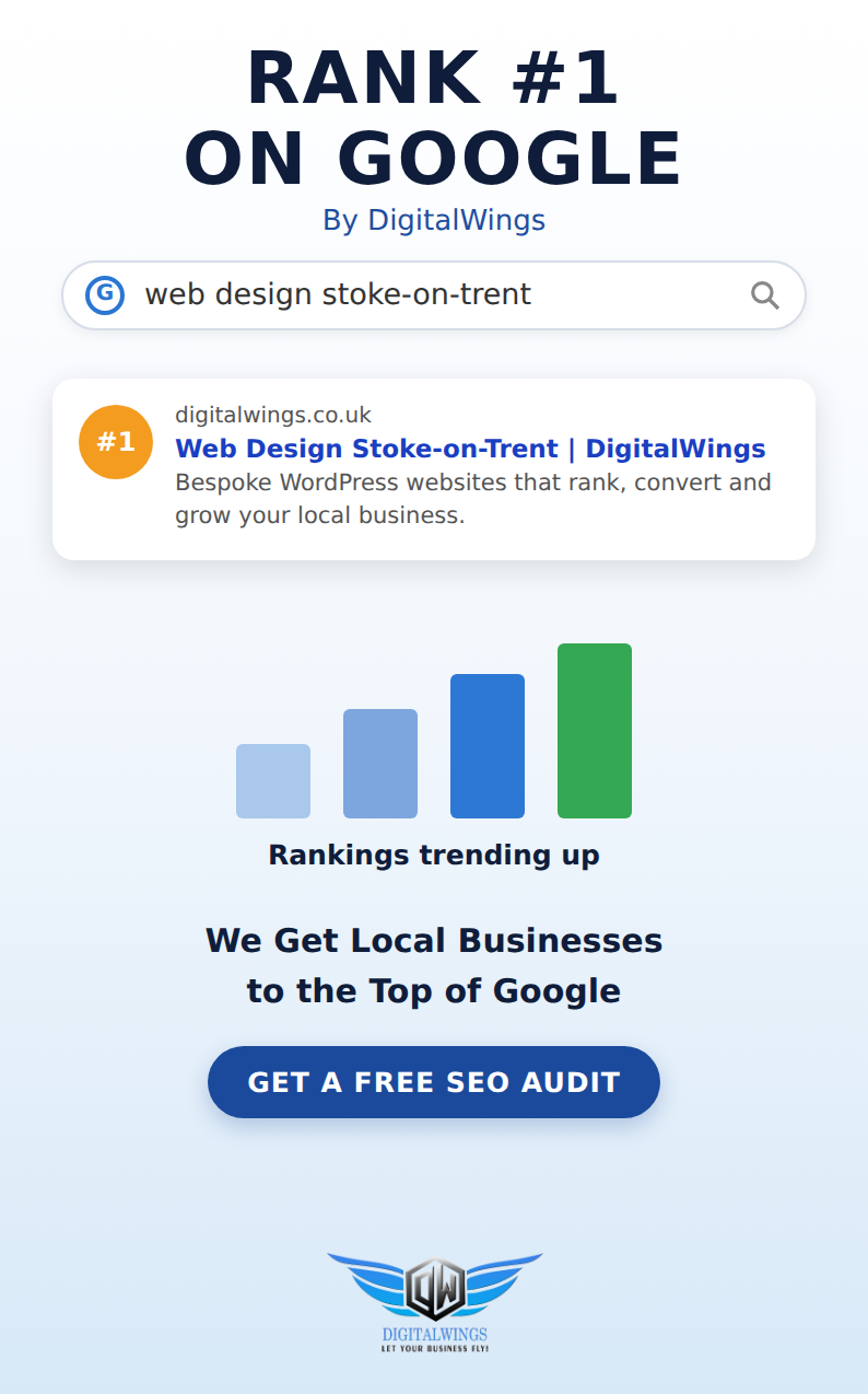 DigitalWings ranking #1 on Google for web design Stoke-on-Trent