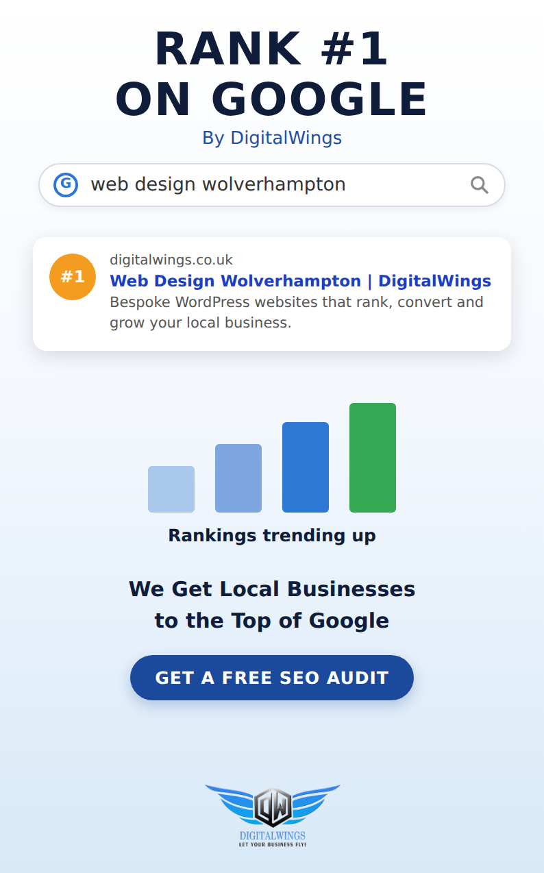 DigitalWings ranking #1 on Google for web design Wolverhampton